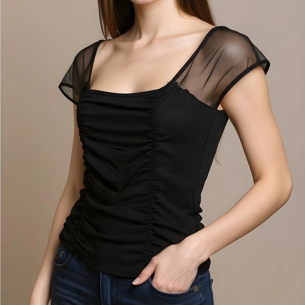 Ralph Lauren Plaid Label Black Top Sheer Cap Sleeves SZ M Elegant Woman’s Shirt